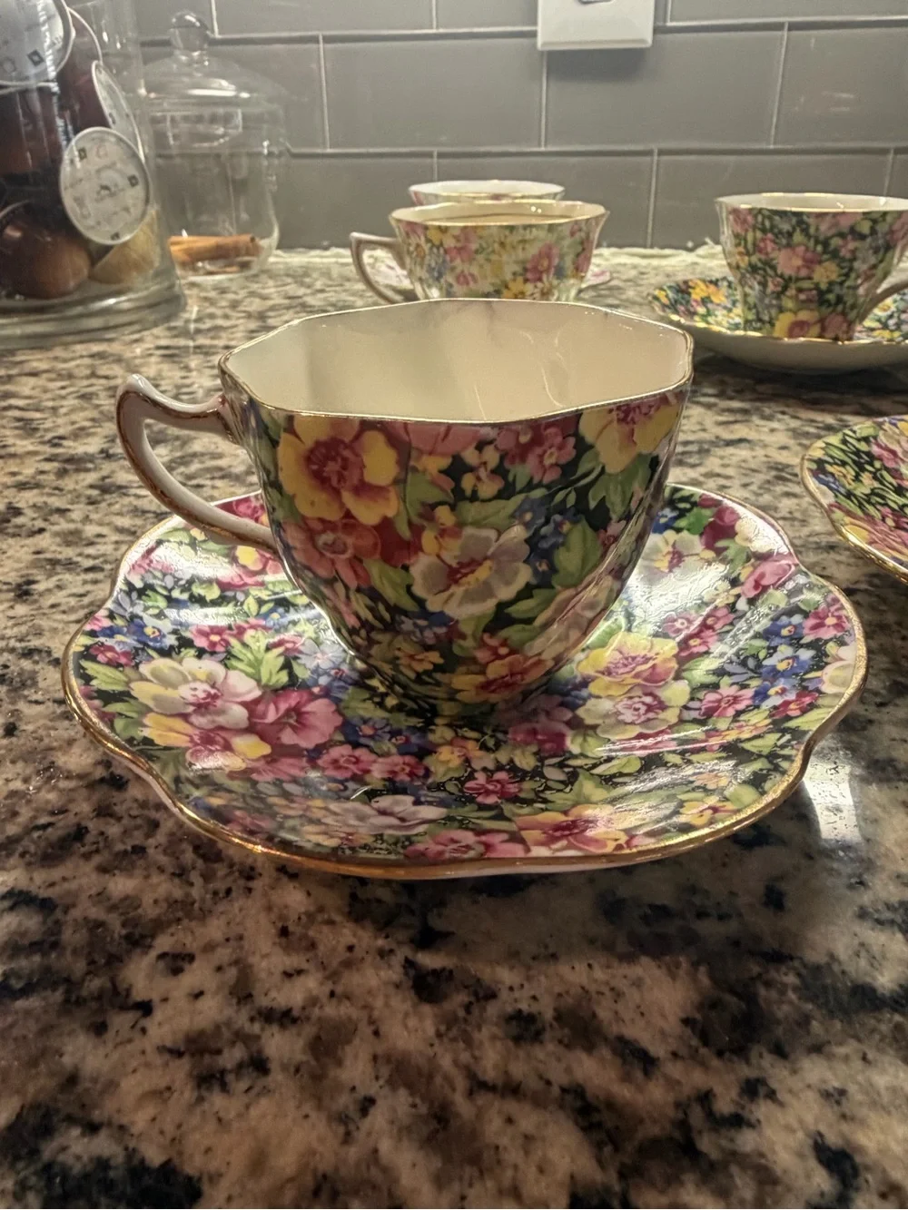 🌺 Five Vintage Rosina Bone China Tea Cup and Saucer Pink Floral Gold Rim